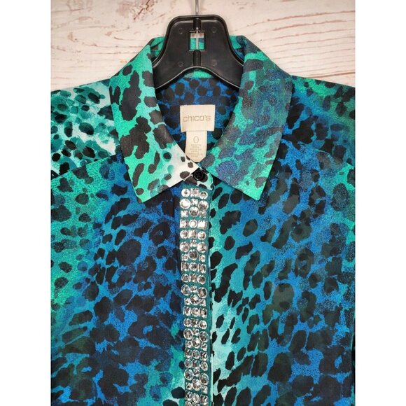 Rare Chico's Aqua Green Leopard Design Faux Diamond Rhinestone Button Up Shirt - Picture 5 of 12